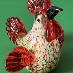 Murano Style Paperweight Hand Blown Speckled Rooster Chicken Multi Color Red Tail Large Heavy 6”