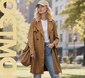 Size Large Women’s Faux Suede Trench Coat Long Classic Style Notched Collar Double-Breasted Buttons