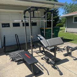 Squat Rack With Benches, Olympic Barbell And Miscellaneous Items 