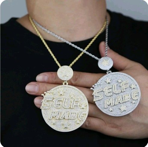 Gold Plated 5AAA+ CZ Hip Hop Ice Out SELF MADE Badge Pendant Necklace