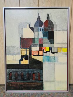 Mid Century Modern Vintage 1966 Textured Framed Art Print on Board "Rooftops Of Rome" by Giancarlo Isola HUGE!