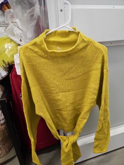 Yellow Knit Crop Sweater with Tie Hem