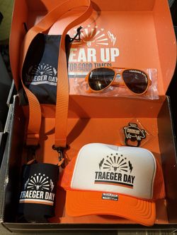 Traeger Day Promo Swag Kit Hat koozie Can Cooler Sunglasses Beer Bottle Opener
