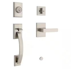 Kwikset Tavaris Single Cylinder Door Handleset w/Rectangular Singapore Handle featuring SmartKey Security in Satin Nickel