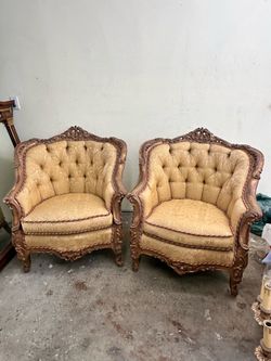 Pair Antique French Louis XV Style Bergere Club Chairs Carved Giltwood Tufted Damask Armchairs