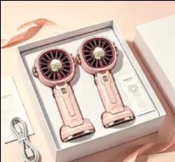 Two Portable Pink Fans with Detachable Base and Charger