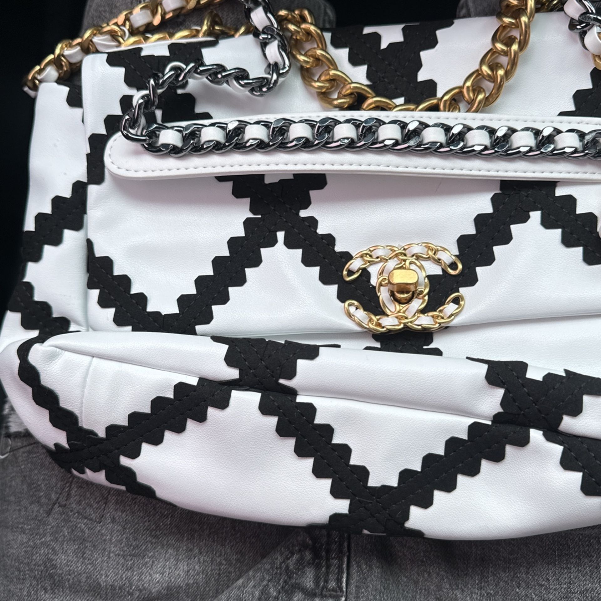 Black White Calfskin Crochet Medium Chanel 19 Flap Bag