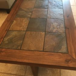 WOODEN SLATE TOP RECTANGULAR AND TWO END TABLES