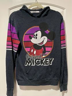 Disney Parks Vintage Mickey Mouse Striped Sleeve Hoodie Size Large Girls/ Small Women