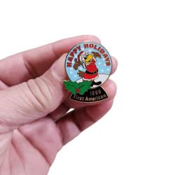 Vintage 1998 Gold Toned First American Happy Holidays Snowglobe Pin