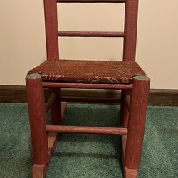 Vintage Or Antique (Unknown Age) Toddler Rocking Chair With Fabric Covered Seat