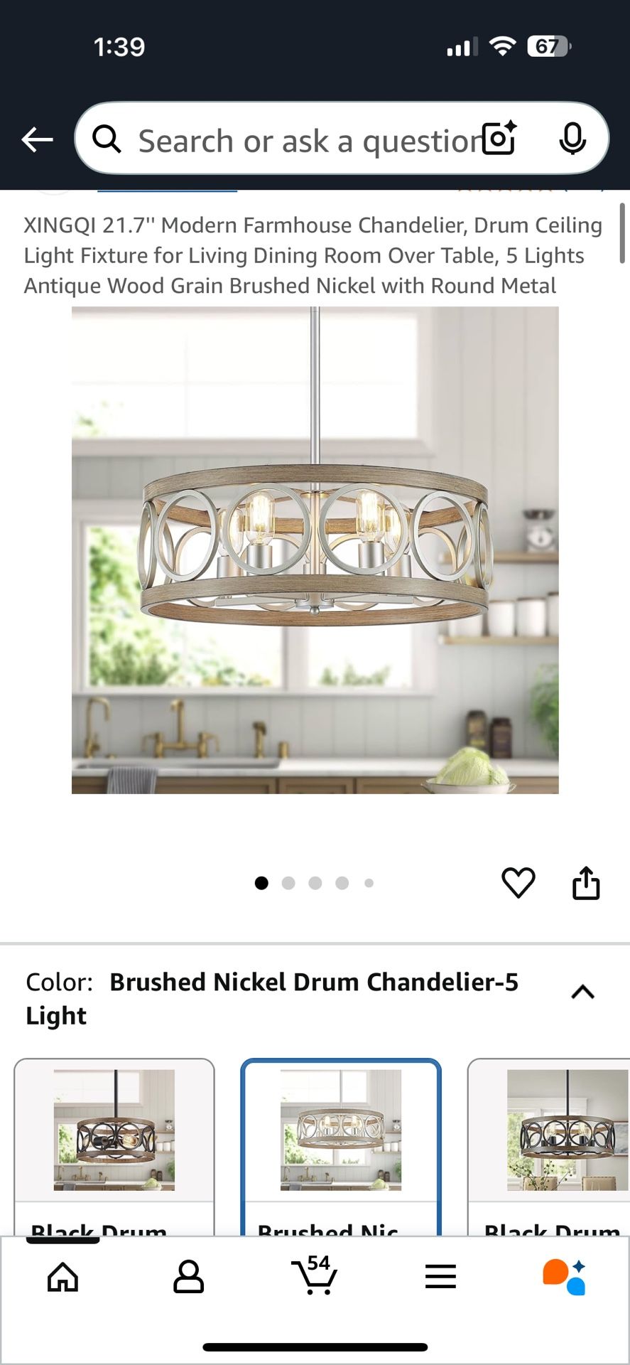 XINGQI 21.7'' Modern Farmhouse Chandelier, Drum Ceiling Light Fixture for Living Dining Room Over Table, 5 Lights Antique Wood Grain Brushed Nickel wi