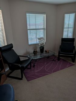 Chairs, Glass Coffee Table, & area rug