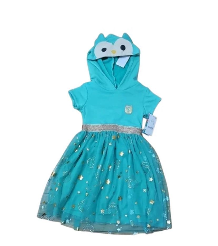 Squishmallows Teal Hooded Girls Dress with Gold Accents