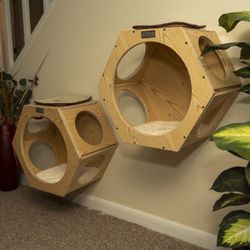  Set of Two Natural Wood Cat Shelves 
