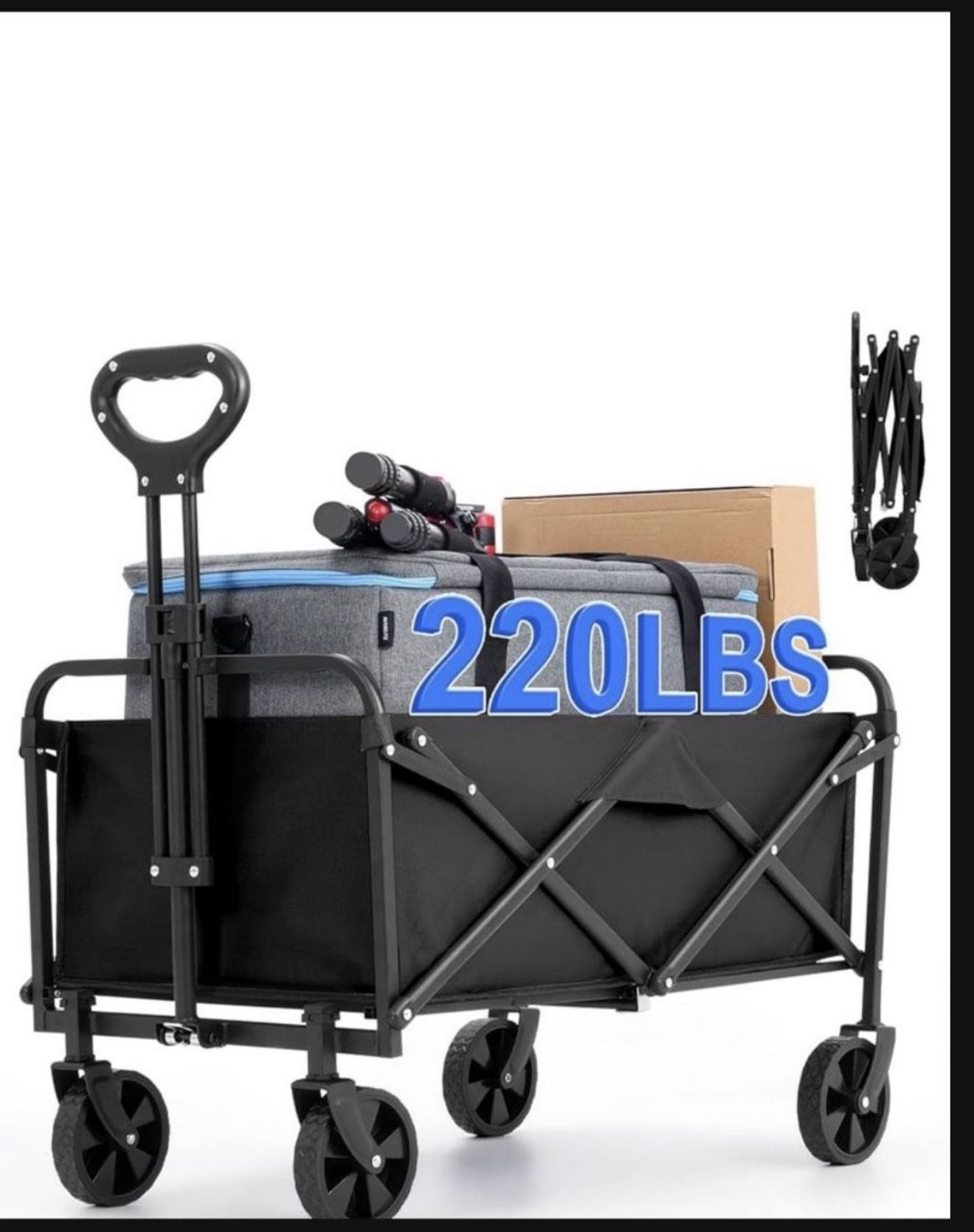 Collapsible Foldable Wagon,Wagons Carts Foldable with Wheels,Utility Grocery Folding Beach Wagon for Sand Garden Sports Shopping Outdoor(Deep Black)