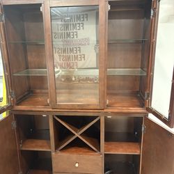 Elegant Solid Wood Display Cabinet / Hutch with Glass Shelves & Wine Storage