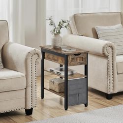 Narrow End Table, Flip Top Side Table with Drawer and Shelves, Wooden Nightstand Bedside Table with Removable Fabric Bag for Living Room/Bedroom/Small