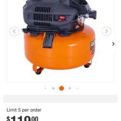 RIDGID6 Gal. 150 PSI Portable Electric Oil-Free Jobsite Pancake Air Compressor with Dual Pressure Gauges and 2-Quick Couplers
