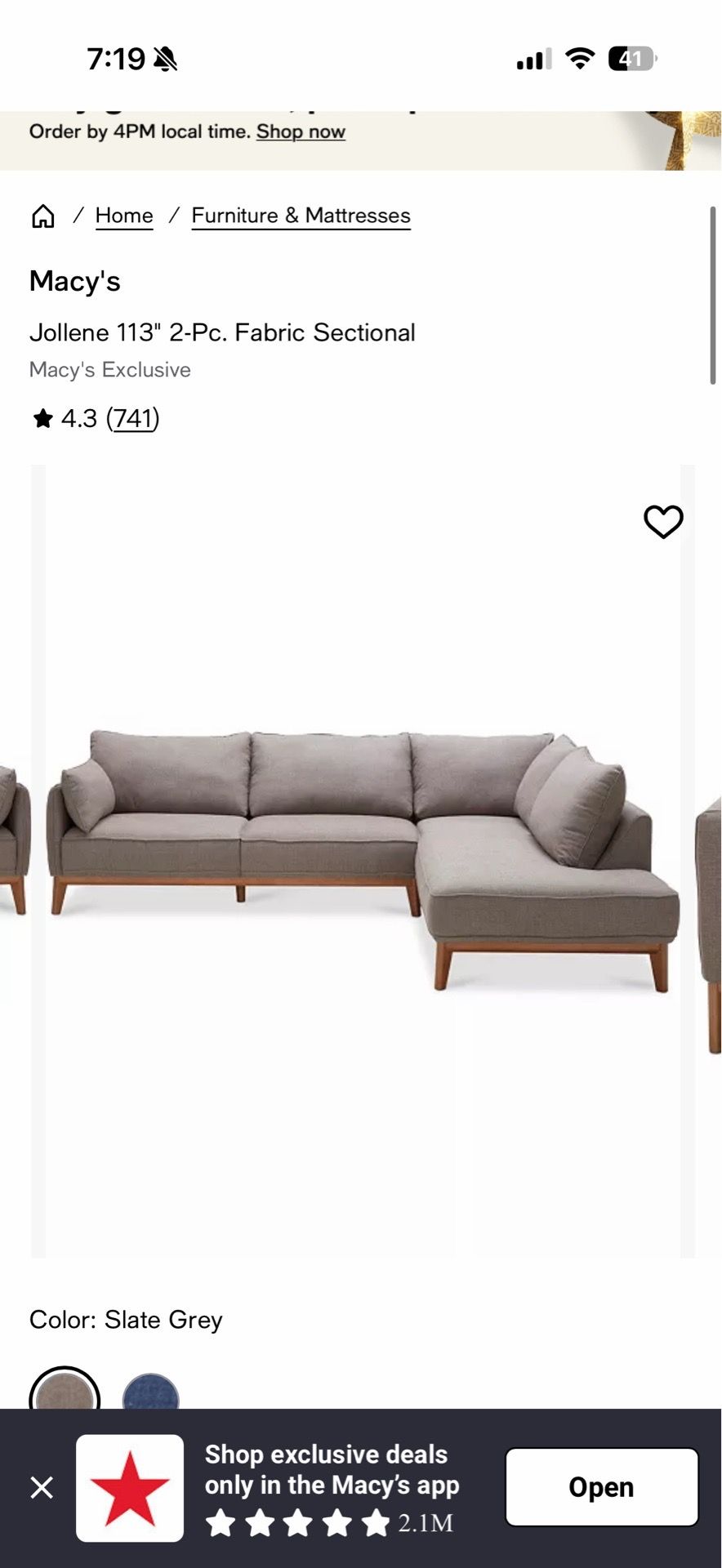 gray macy jollene sectional couch 113” right arm facing