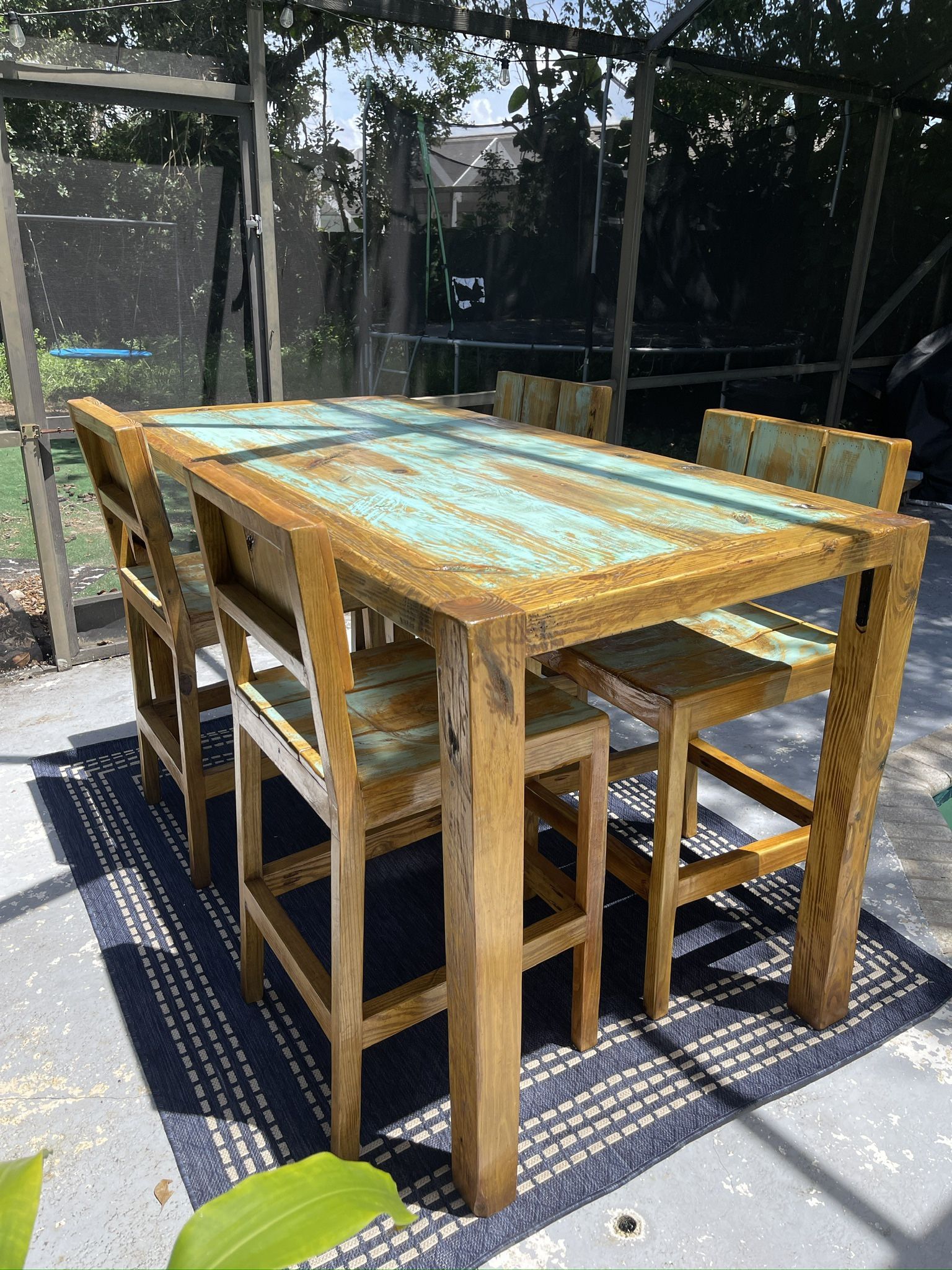 High-top Solid Wood Outdoor Dining Table Patio Set With Four Chairs By Kerf And Bevel