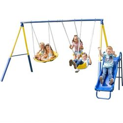 Metal Swing Set with 2 Swings, Saucer Swing and a 1pc Heavy Duty Slide