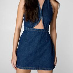 NWT Nasty Gal Denim Halter-Neck Mini Dress, 12
