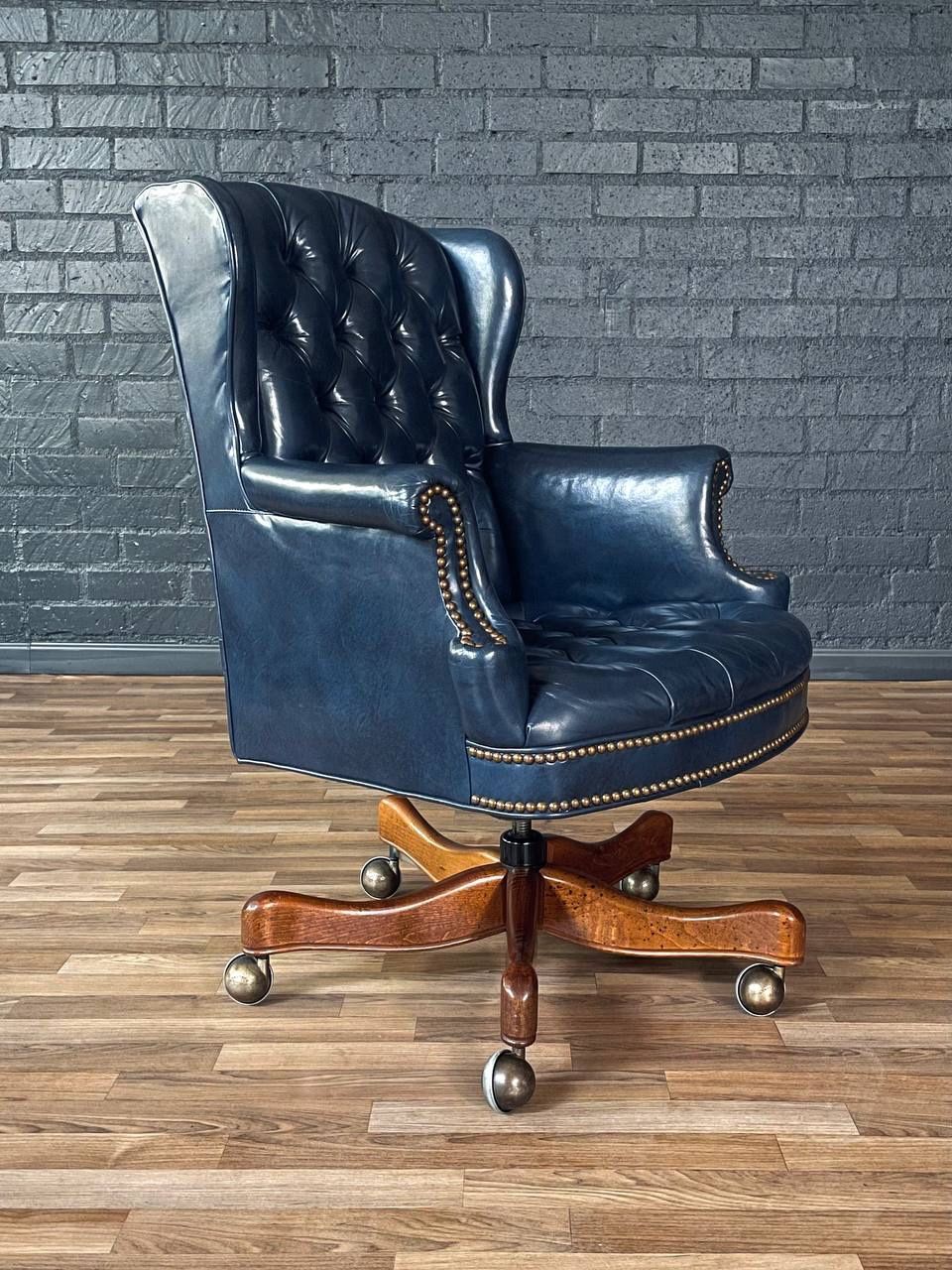 Vintage Wingback English Chesterfield Style Blue Leather Office Chair, c.1960’s - Delivery Available 