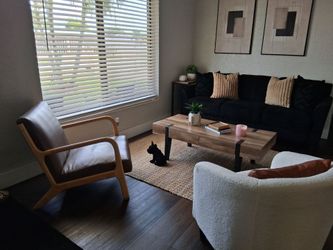 Mid century style brown faux leather chair and coffee table faux marble