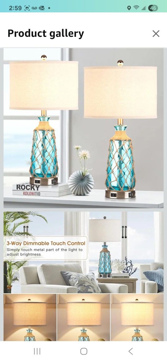25.5" Coastal Glass Table Lamps Set of 2, 3-Way Dimmable Touch Control Bedside Lamps with 2 USB Ports and AC Outlet, Blue Nautical Nightstand Lamps fo
