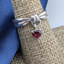 Sterling Silver Ring with a red Hart Charm SIZE 7.5