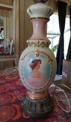 Vintage Pink Table Lamp Hand Painted Lady Portrait French Style