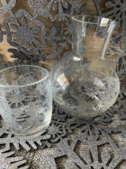 VTG 2pc Clear Etched Carafe & Glass Bedside Set (Grapes & Vine 7X4.5” Rd)