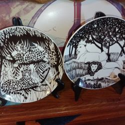 1970s Black& White Transferware African Safari Plates Set Of 4