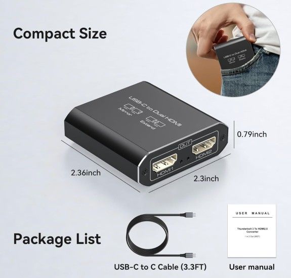 Dual 4K@60Hz Extended Display USB C to Dual HDMI Adapter for 2 Monitors Type C Port to HDMI Splitter 1 in 2 Out for Laptops MacBook Pro Air Note