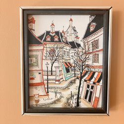 Robert Scott Signed French Street Scene Oil Painting Vtg 1960s Folk Art Framed