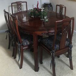 Oriental rosewood Dining Table/chairs. With Carved Flower & Bird