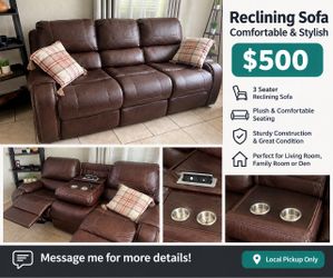 Brown Leather 3-Seater Reclining Sofa