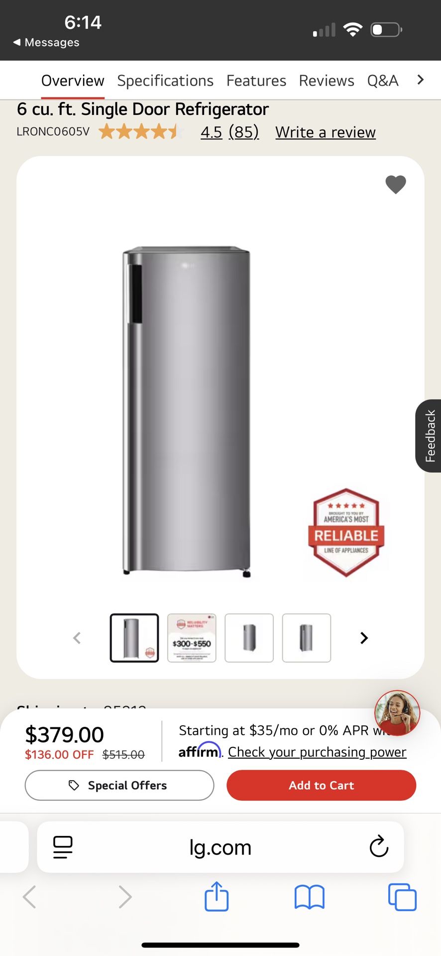 LG 6 Cu Ft Single Door Refrigerator-Brand New Never Used