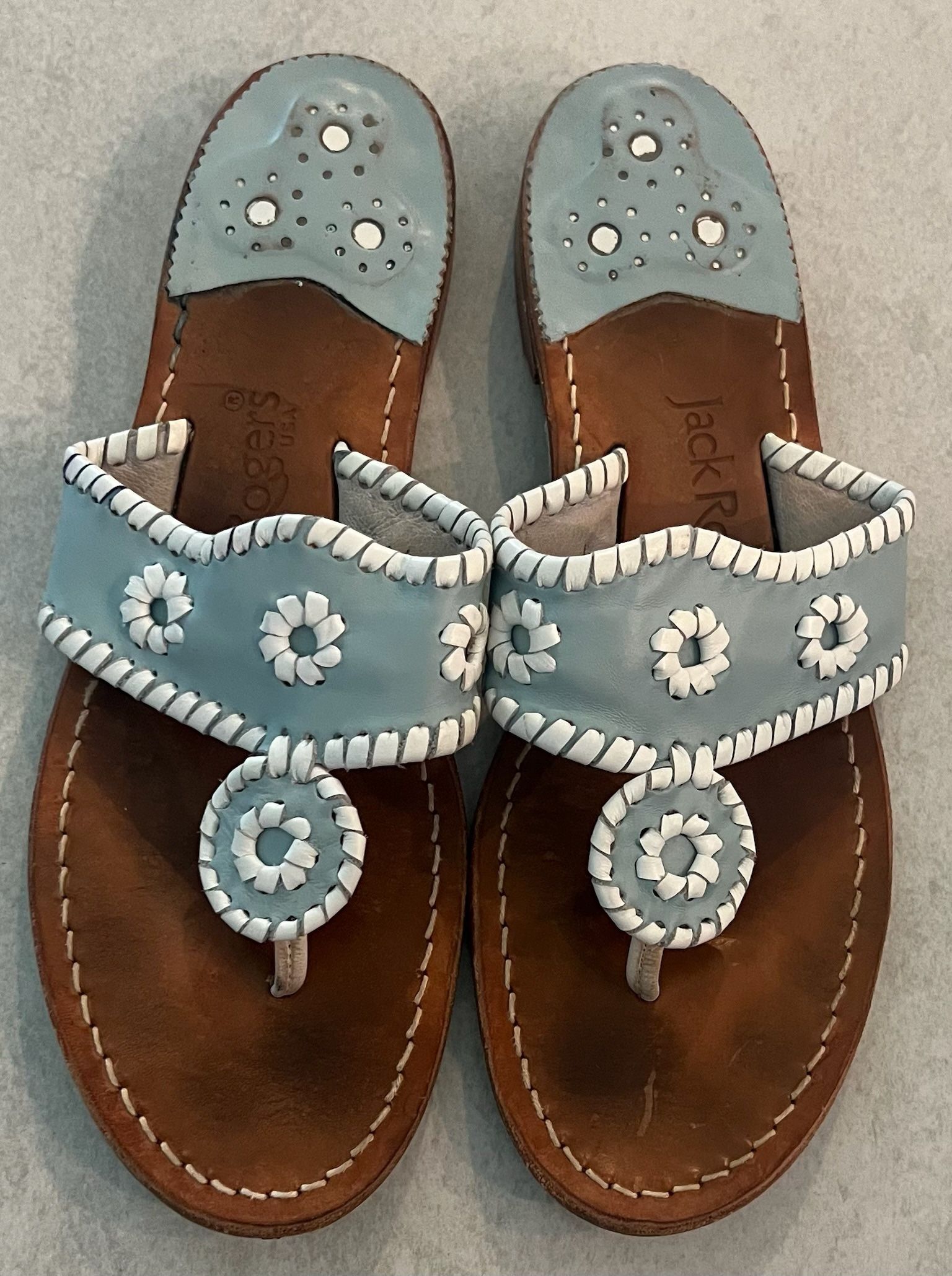 Jack Rogers Blue Thong Flat Leather Palm Beach Women's Sandals Size 9