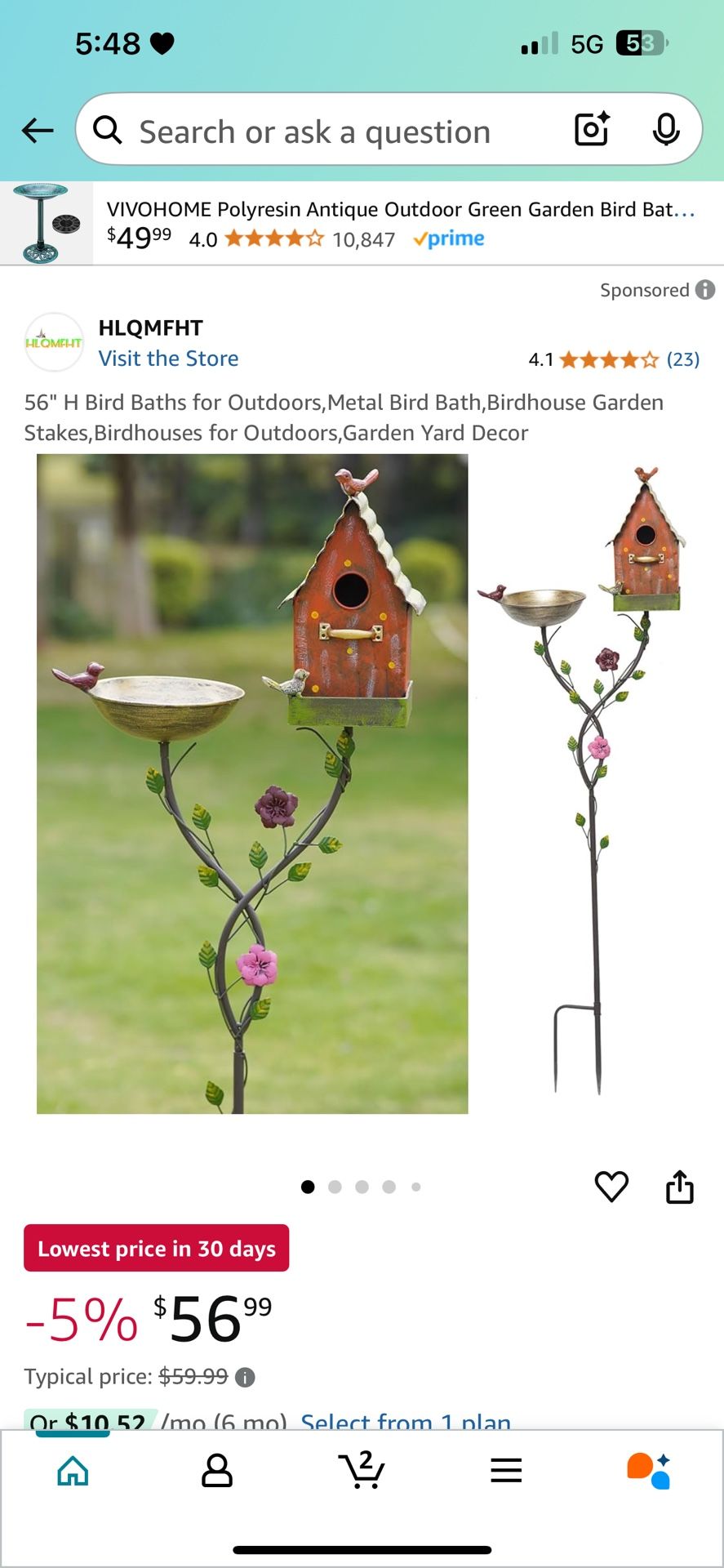 56" H Bird Baths for Outdoors,Metal Bird Bath,