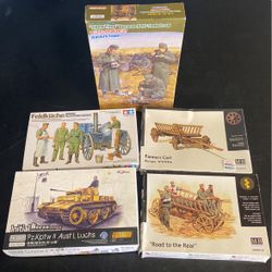 Tamiya, MB, Dragon, Flyyhawk 1:35 WWII Models - Tank, Soldiers, Farmer Cart, Kitchen, Horse Trailer
