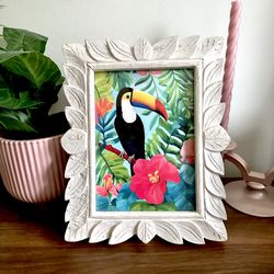 Toucan Canvas Art Print Wood Carved Leaf Frame Jungle Tropical Wall Art Floral