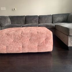 Grey Couch  & Pink Ottoman 