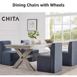 CHITA Dining Chairs with Casters Set of 6,Blue Fabric & Blue Faux Leather Patchwork