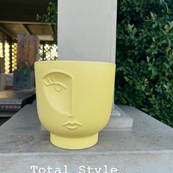 Whimsy has no bounds; Fun Abstract Woman Face Yellow Stoneware Planter: