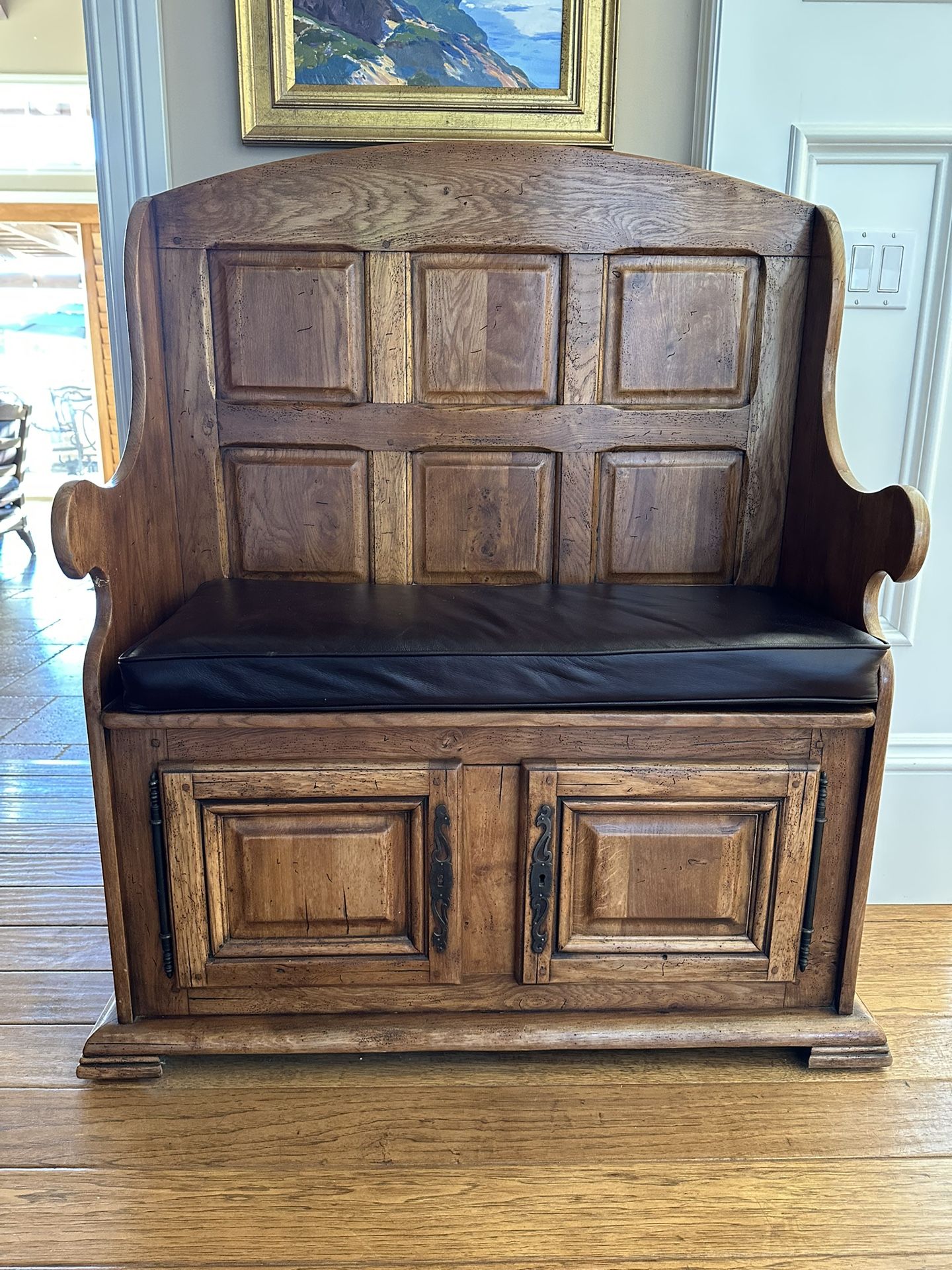 English Oak Church Pew. Leather Cushion Included