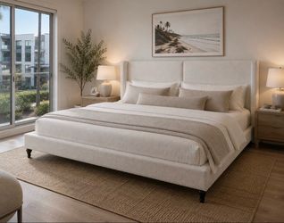 ✨ Restoration Hardware Inspired Bouclé King Bed – Luxury Wingback Upholstered Frame ✨white
