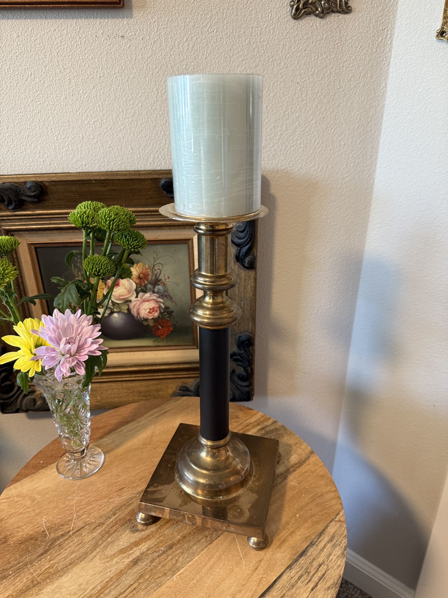 Mid Century Brass Candle Holder with Black Enamel Paint and Patina | MCM Home Decor | French Style | Pillar Candle Holder |Square Footed Base | 13” T