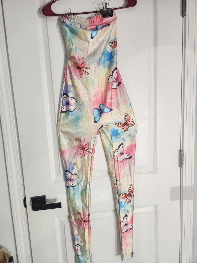 Fashion Nova Pastel Butterfly Print Jumpsuit – Strapless Stretch One-Piece